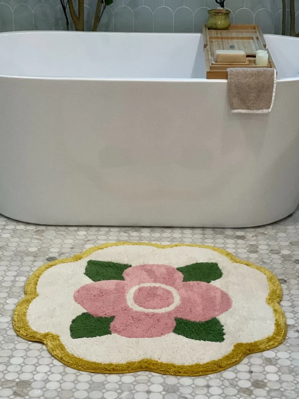 Anthropologie Floral Scalloped Cotton Bath Mat NWT Pink Green Mustard